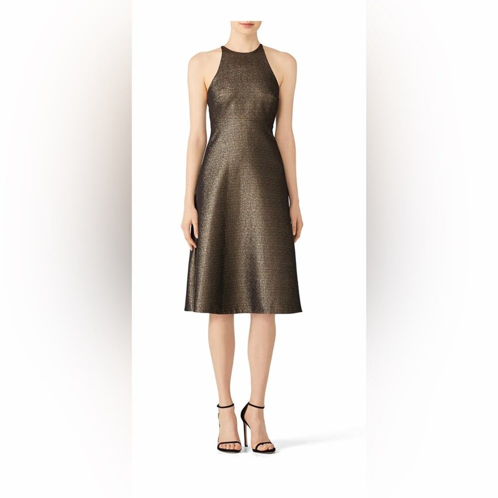 Halston Heritage Dress sz 6 Brown Halter Glitter Bow Back Midi Formal Fit Flare